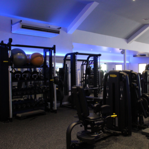 A gymnasium with resistance machines, cable machines, and dumbbells